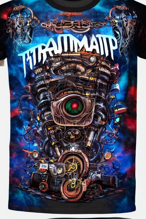 Image similar to a band shirt, printed tshirt with bandname is tripmachine, tourname is invasion of the tripmachines, realistic digital art, 3 d render of a huge futuristic steampunk generator, 8 k, fluorescent colors, halluzinogenic, multicolored, exaggerated detailed, unreal engine