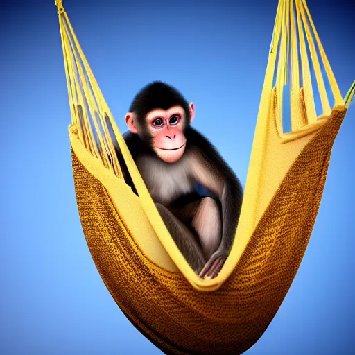 Image similar to minimalist portrait of a monkey laying in a hammock eating a banana, octane render, 8 k render, saturated, vector