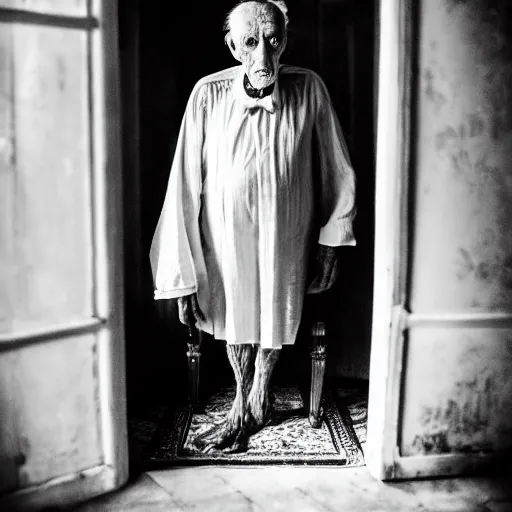 Image similar to count of durres, a 1 0 0 year very old man, dignified but aged face, night gown, hunched over, rare hair, black and white photography inside an old mansion