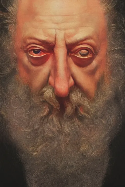 Image similar to a close-up portrait of Alan Moore, dramatic backlighting, golden hour, autochrome, high contrast, highly detailed, sharp focus, digital painting, concept art, illustration, rock, chiaroscuro, trending on artstation, art by greg rutkowski and michelangelo, composition by Raphael and Caravaggio