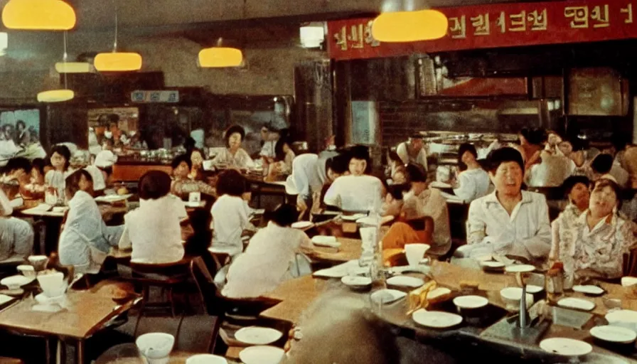 Image similar to 70s movie still of north korean restaurant, eastmancolor, heavy grain, high quality, higly detailed