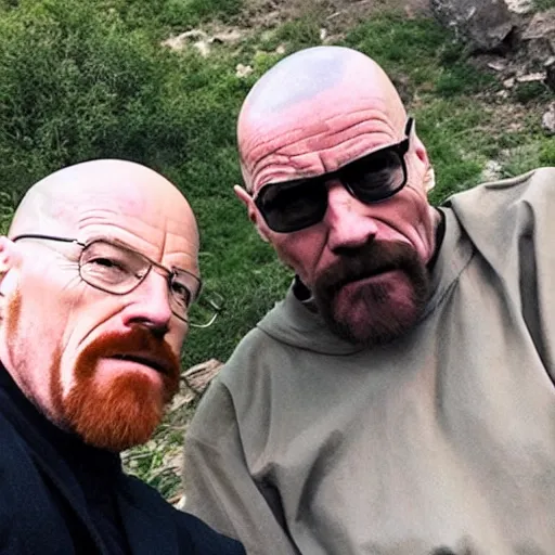 Image similar to walter white taking a selfie with a gorilla