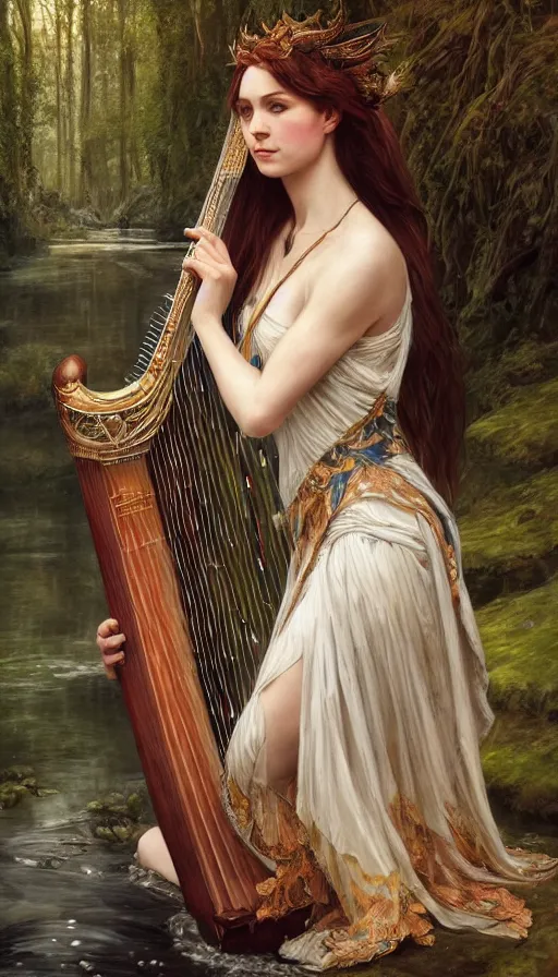 Image similar to portrait of queen of the elves playing a harp, sad and exhausted by the river, ethereal, expressive pose, intricate dress, fantasy, intricate, forest background, highly detailed, digital painting, artstation, concept art, smooth, sharp focus, illustration, art by artgerm and greg rutkowski and alphonse mucha