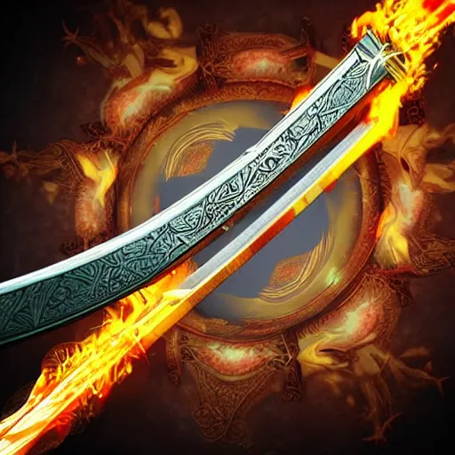 Image similar to magical sword with flames running up and down the blade, digital art, high quality, intricate design, 3d render, art station top 10,