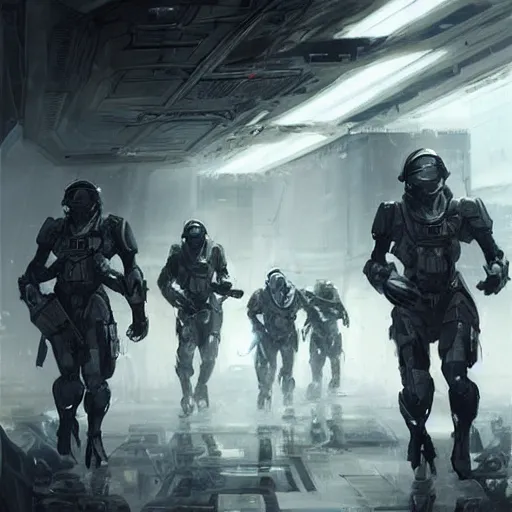Image similar to concept art by greg rutkowski, soldiers in white and black futuristic tactical gear, running through the corridors of the ship, claustrophobic and futuristic, brutalistic environment, scifi, detailed and intricate environment, high technology, highly detailed portrait, digital painting, artstation, concept art, smooth, sharp foccus ilustration, artstation hq.