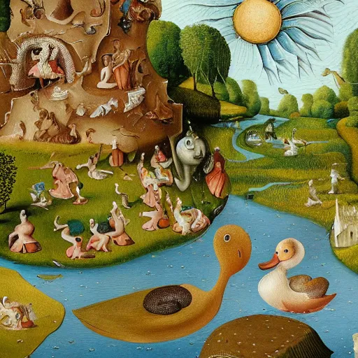 Image similar to An intricate, extremely detailed painting in a style of Hieronim Bosch featuring a river in Europe, surrounded by trees and fields. A duck is slowly moving through the water. Sun is shining.