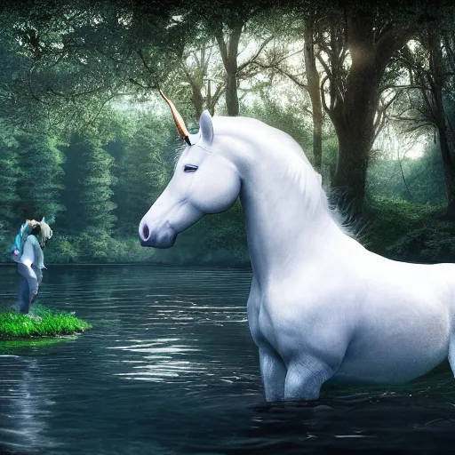 Image similar to a photograph of a white unicorn drinking from a lake. the moon shines on the unicorn. beautiful artstation, incredibly realistic, high quality, 8 k, hdr, incredibly detailed.