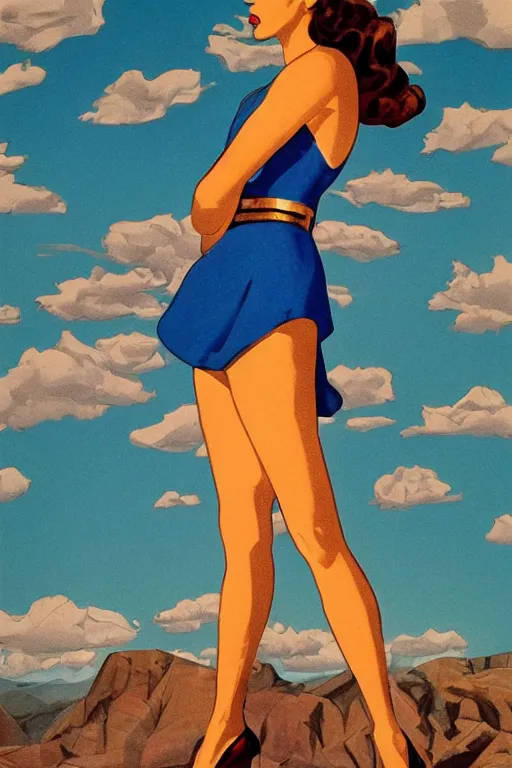 Image similar to full body illustration of a beautiful gal gadot in the style of bill medcalf, mario testino, blue sky with a few clouds, retro, 1 9 5 0, detailed, 1 / 3 headroom, cinematic rule of thirds