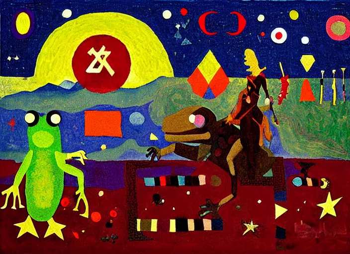 Image similar to pixel decollage painting tarot lovers card composition trash can with red maggot bear and wonky alien frog knight on a horse in a dark red cloudy night sky with golden foil jewish stars, diamonds and occult symbols, mountain lake and blossoming field in background, painted by Mark Rothko, Helen Frankenthaler, Danny Fox and Hilma af Klint, pixelated, neo expressionism, semi naive, pastel colors, cinematic, color field painting, cave painting, voxel, pop art look, outsider art, minimalistic. Bill Traylor painting, part by Philip Guston and Francis Bacon. art by Adrian Ghenie, very coherent symmetrical artwork, cinematic, hyper realism, high detail, octane render, unreal engine, Smooth gradients, depth of field, full body character drawing, extremely detailed, 8k, extreme detail, intricate detail, masterpiece