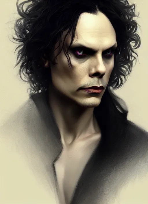 Image similar to ville valo, male, gothic, portrait, intricate, elegant, highly detailed, digital painting, artstation, concept art, wallpaper, smooth, sharp focus, illustration, art by artgerm and greg rutkowski and alphonse mucha
