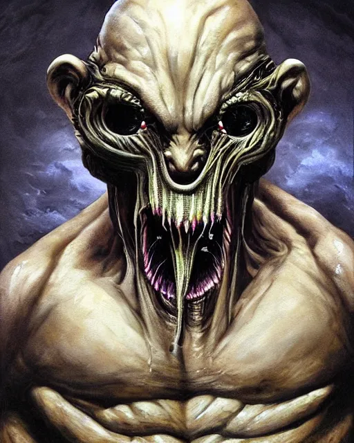 Image similar to Dark fantasy Painting of a hulking muscular EXTRATERRESTRIAL flesh creature with big bulging eyes, white milky eyeballs, skin covered in boils with fish eyes with drool dripping from its mouth, hr giger muscles, straw-like beard growing from face, disgusting, creepy, unsettling, horror, upper body, intricate, wild, highly detailed, digital painting, artstation, concept art, smooth, sharp focus, illustration, art by artgerm and greg rutkowski and alphonse mucha