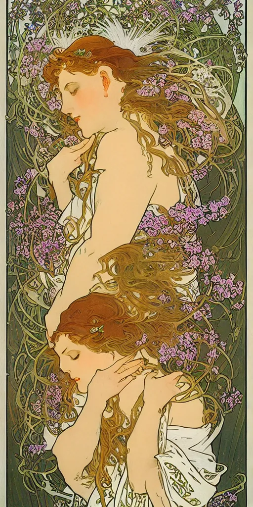 Prompt: the Goddess of Spring poster by Alphonse Mucha
