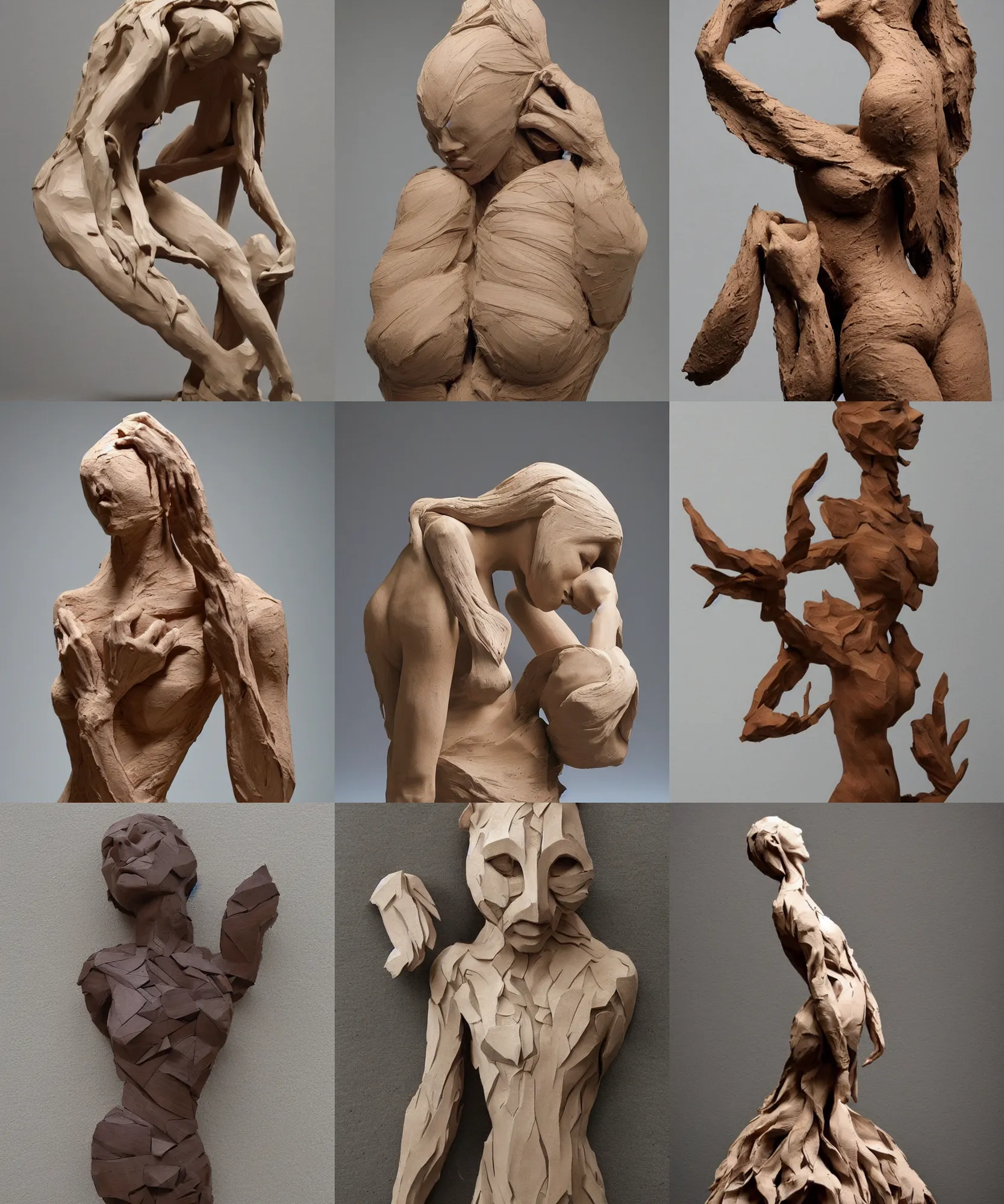 Image similar to wooden craft. rough clay. contemporary sculpture. female figure. low details. beth cavener.