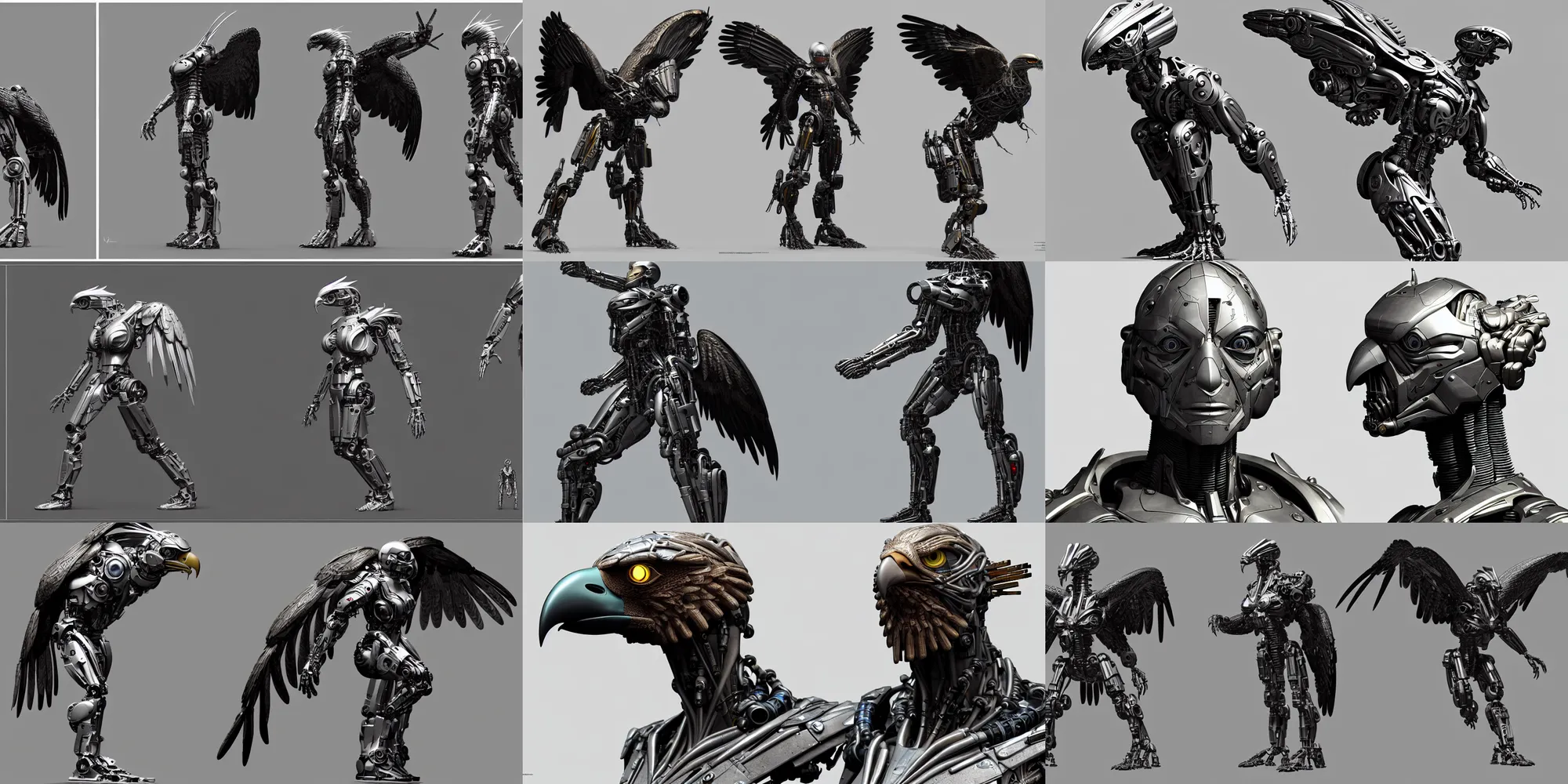 Prompt: A badass cyborg resembling an eagle by weta digital workshop, character design, only front and side view model sheet, detailed skin, simpe hands, short hair, arnold 3 materials, octane render and unreal engine 5, sidefx houdini, white background, studio lighting, trending in Artstation, award in CGSociety, EXPOSÉ, by Artgerm and Alphonse Mucha and zaha hadid