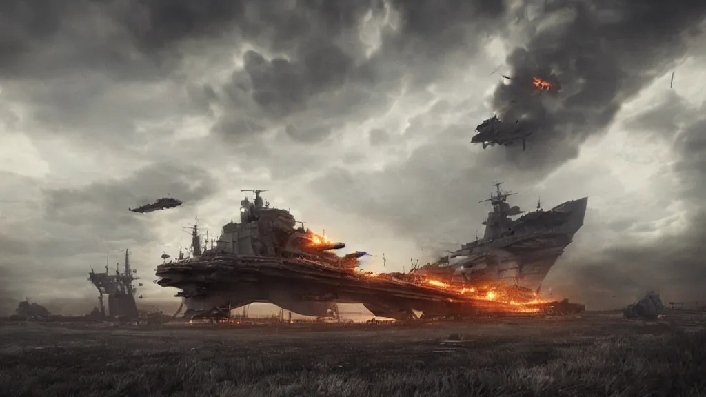 Image similar to an immense steampunk aircraft carrier crashed and burning in a field, thick black smoke billowing, turbulent storm clouds, dystopian, sharp focus, octane render, imax