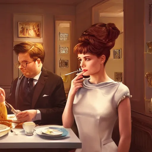 Image similar to holly golightly with michael mcintyre having breakfast in a tiffany's shop, anatomy, bathed in light, highly detailed, photorealistic, artstation, smooth, sharp focus, illustration, unreal engine 5, 8 k, art by artgerm and greg rutkowski and edgar maxence