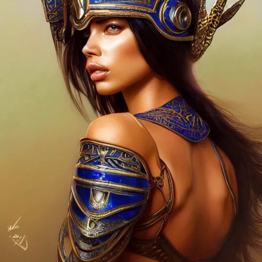 Image similar to an attractive young female wearing an blue ornate metallic helmet, adriana lima, olive skin, long dark hair, beautiful bone structure, intricate, elegant, highly detailed, digital painting, artstation, concept art, smooth, sharp focus, illustration, art by artgerm and greg rutkowski and alphonse mucha