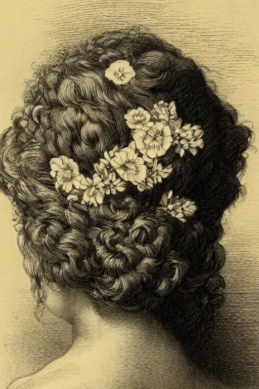 Image similar to extreme close-up, portrait of a beautiful french woman from behind with flower in the head, Gustave Dore lithography