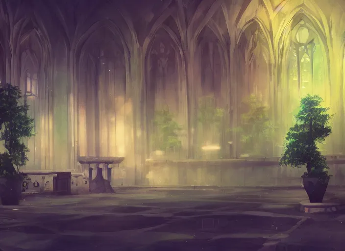 Image similar to anime background clean neat clarity professional visual development set design, large gothic hall, sparse plants, dim painterly lighting volumetric aquatics, impasto, trending on pixiv