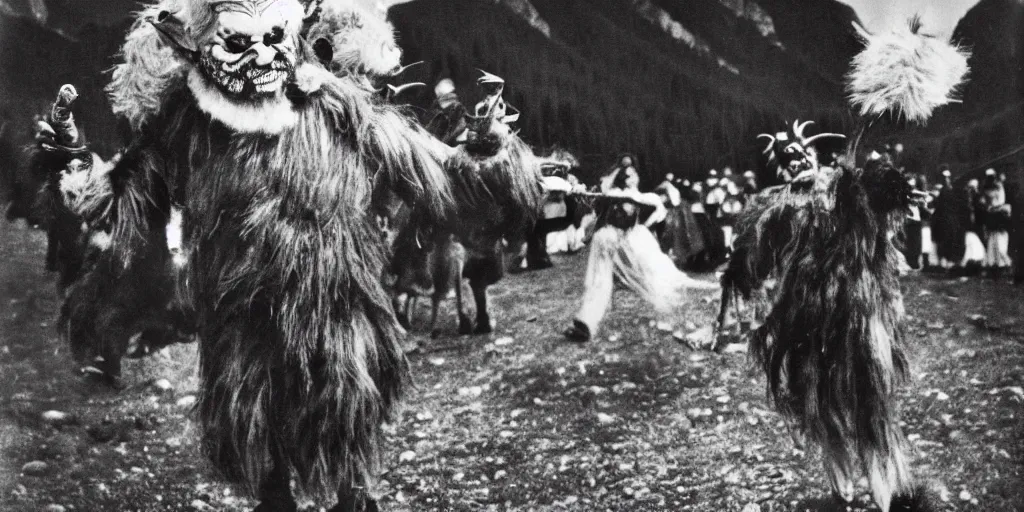 Image similar to krampus with big beak dancing in dolomites, hay fur, austrian folklore, 1920s photography, grainy, eerie, dark