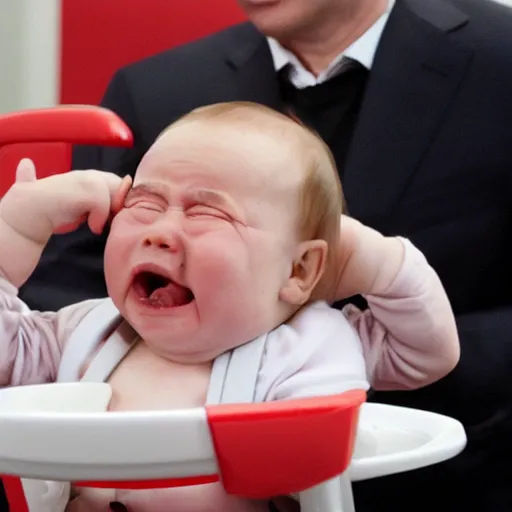 Prompt: Photo of Putin as a fussy crying baby in a high chair tangled up in spaghettis and red sauce