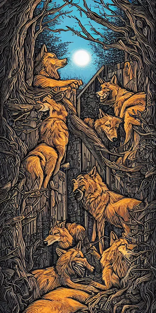 Image similar to wolves at the door by Dan Mumford