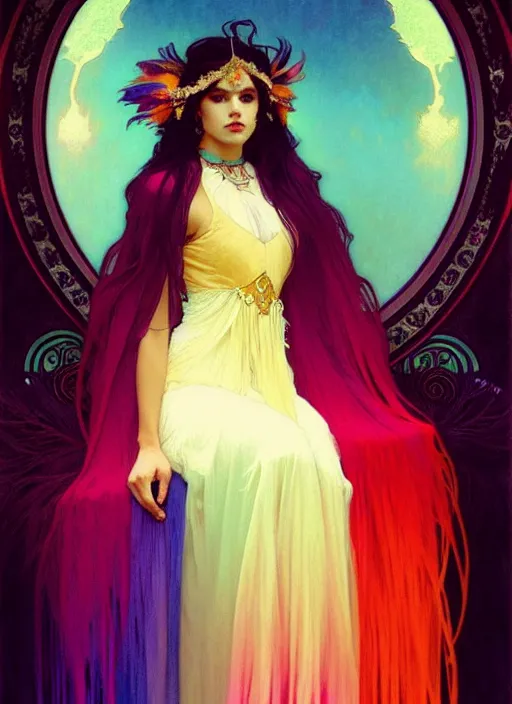 Image similar to ombre velvet gown, feathers, vivid colors, lovely dark autumn princess, portrait, long hair, tiara, jeweled choker, by alphonse mucha, brom, greg rutkowski, anato finnstark