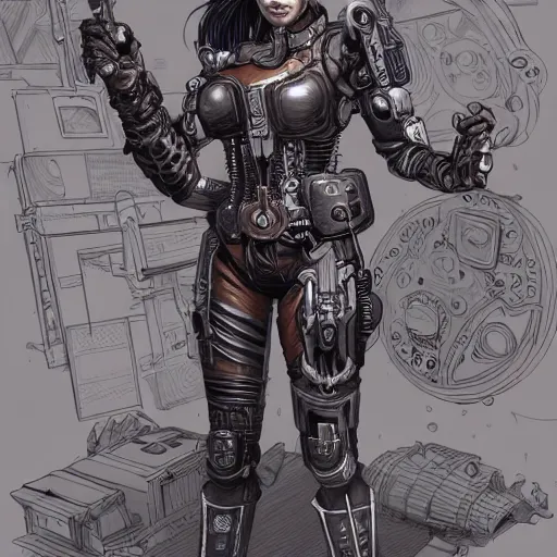 Prompt: lineart, colour, cyborg, full body, steampunk, hyperdetailed, artstation