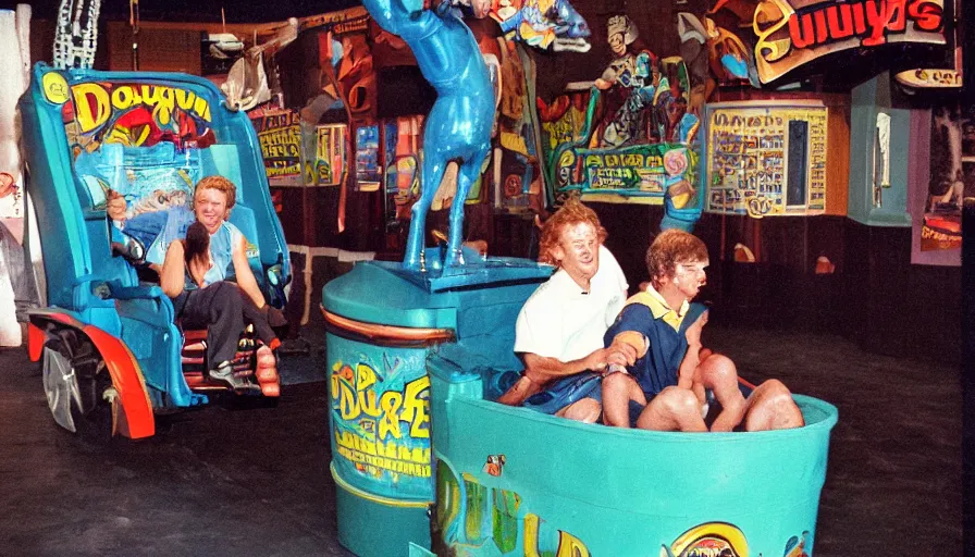 Prompt: 1990s photo of inside the Doug Funny Show ride at Universal Studios in Orlando, Florida, riding a trash can through Doug's town , cinematic, UHD