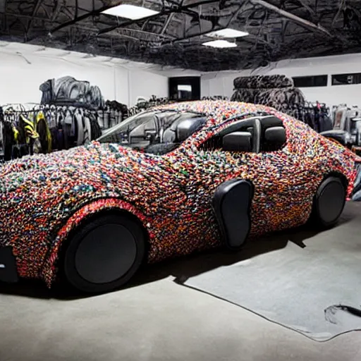 Image similar to photo by annie leibovitz of a car made out of 1 0 0 s of nike sneakers