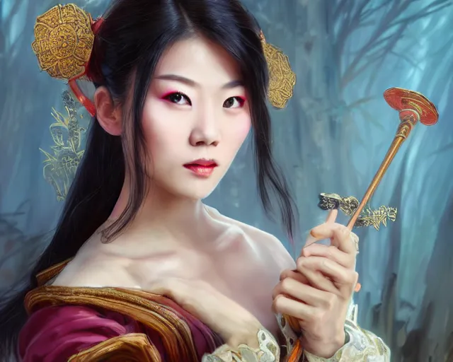 Image similar to photography of hong kong actress barbara yung, 翁 美 玲, dressed as dongfang bubai, deep focus, d & d, fantasy, intricate, elegant, highly detailed, digital painting, artstation, concept art, matte, sharp focus, illustration, hearthstone, art by artgerm and greg rutkowski and alphonse mucha