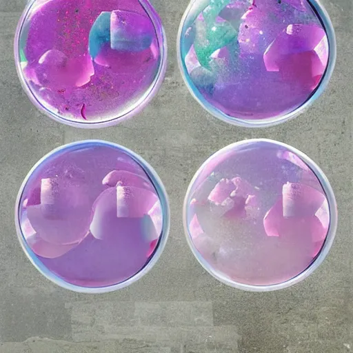 Image similar to giant pink purple bubbles with cities inside them