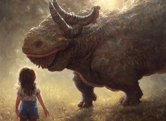 Image similar to a cute little girl with wavy curly brown hair meets a triceratops. beautiful painting by greg rutkowski