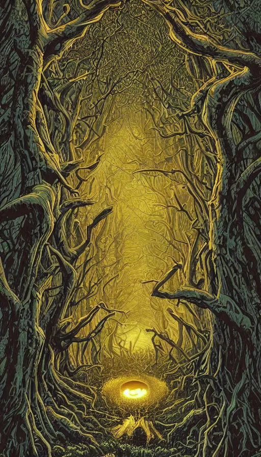 Image similar to a storm vortex made of many demonic eyes and teeth over a forest, by dan mumford