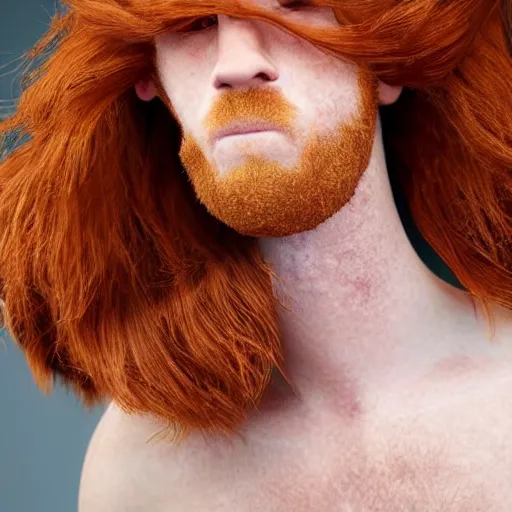 Prompt: ginger dude with long dog ear hair, freckles, hyper realistic