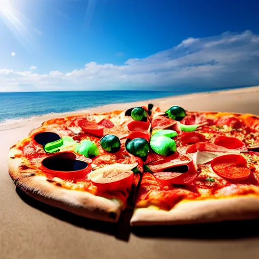 Prompt: Pizza relax on a beach wearing sunglasses while enjoying a glass of red wine, Realistic, HDR, Clear Image, HDD, Dynamic lighting,