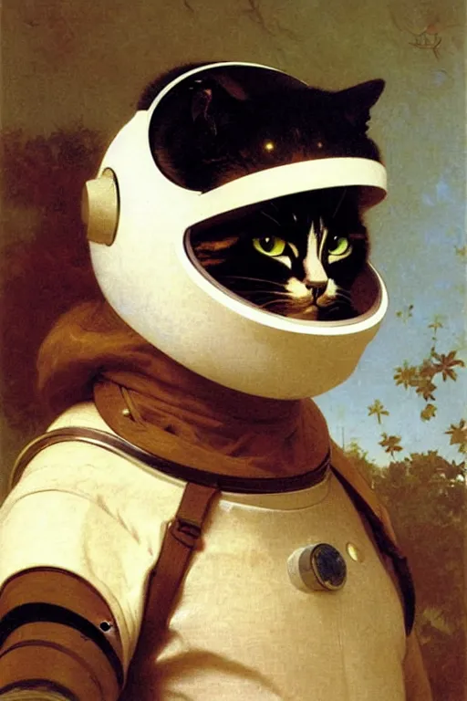 Image similar to portrait of a cat astronaut with armor and helmet, by bouguereau