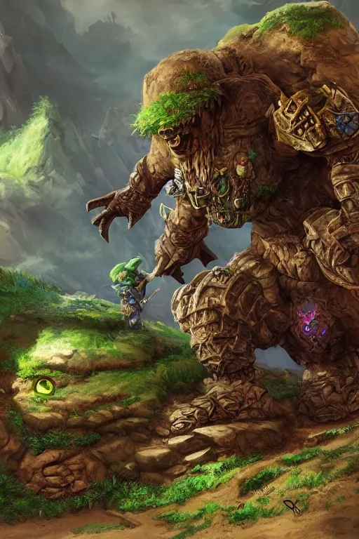 Image similar to zelda fantasy art giant golem troll wood rock greeble gemstone, global illumination ray tracing hdr fanart arstation by sung choi and eric pfeiffer and gabriel garza and casper konefal