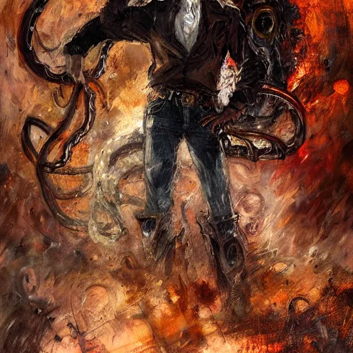 Image similar to portrait of a corrupted eldritch cowboy in a scenic environment by henry asencio, steampunk, lovecraftian, oldwest, abomination, tentacles, eyes