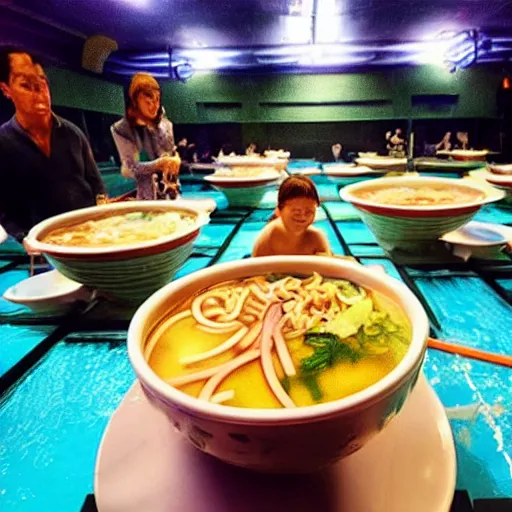 Image similar to a swimming pool filled with noodle soup! with muppets