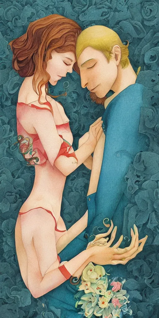 Image similar to greeting card, love, 2 people, by tran nguyen, warm colors, cozy