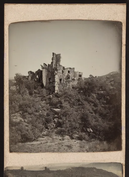 Prompt: Antique photograph of an alsacian castle in ruins atop rock formations, surrounded by forest, chromolithograph, Smithsonian American Art Museum