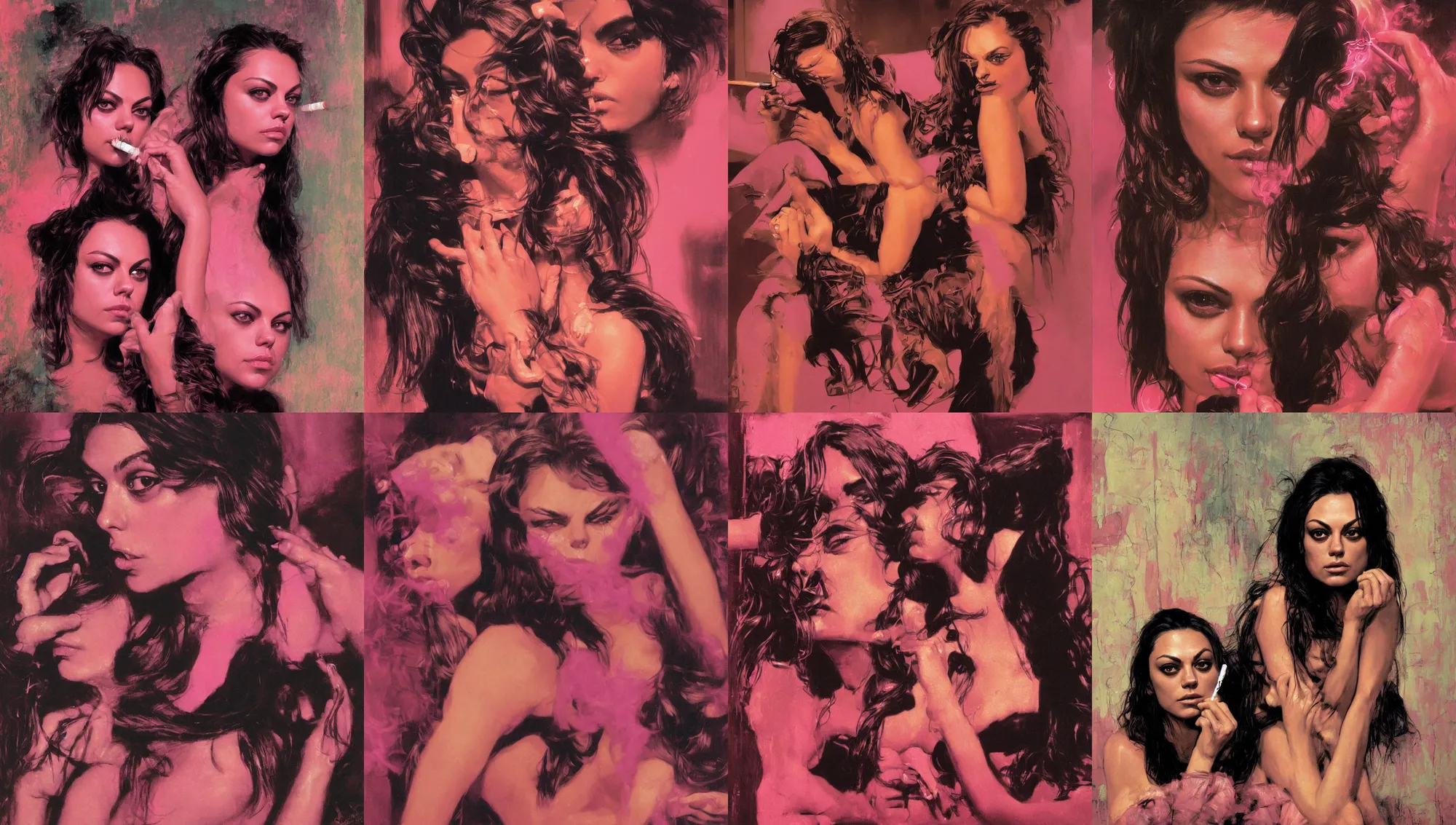 Prompt: close portrait of mila kunis looking into the camera leaning back against a wall smoking a cigarette, pink neon street, 1 9 8 0 s, intricate, moody, personal, highly detailed, short focus depth, donato giancola, joseph christian leyendecker, frank frazetta, alex horley, ralph horsley, michael whelan