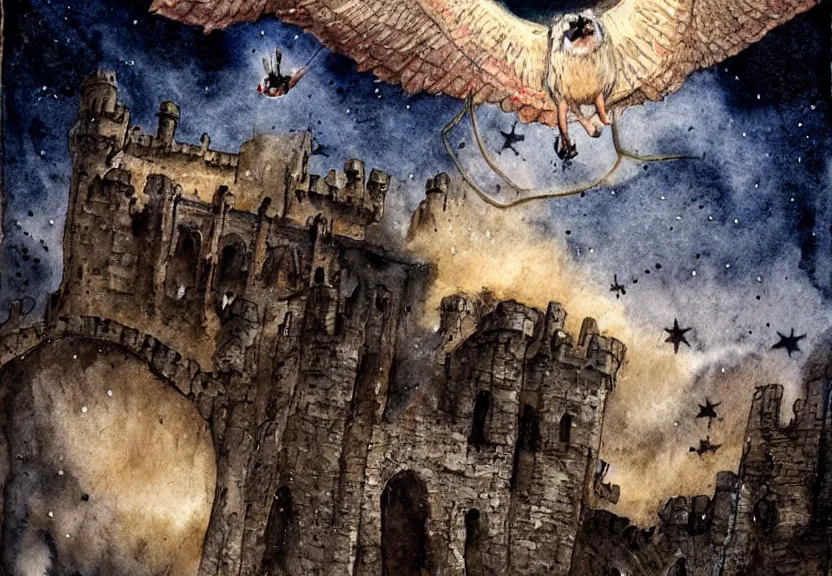 Image similar to Threatening winged possum flying over a medieval castle under a dark starred sky, dark fantasy, watercolor, dreaming illusion, highly detailed, 4k, trending on Artstation, award-winning