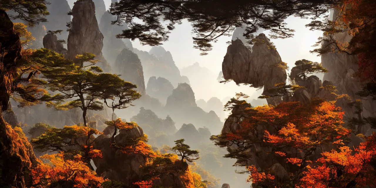 Prompt: huangshan with levitating stones in zero gravity, no trees, karst pillars forest, taoist temples and monks, human presence, artwork by ansel adams, andreas rocha, artstation, scifi, hd, wide angle, viewed from within a stone grotto, autumnal, sunset