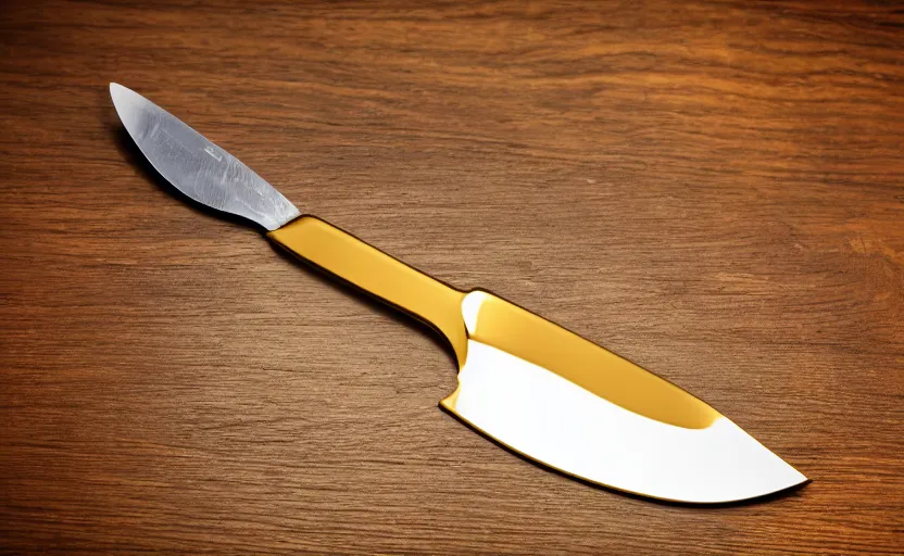 Image similar to shiny golden knife laying on a wooden table, complex, high detail