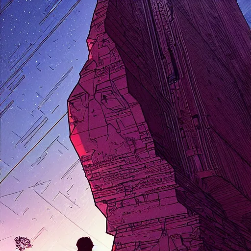 Prompt: cyberpunk explorer looking up at giant triangular monolith, highly detailed, midnight, by josan gonzalez, moebius, laurie greasley