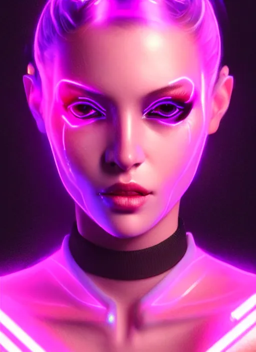 Image similar to photorealistic portrait of female humanoid, cyber neon lights, highly detailed, cyberpunk haute couture fashion, elegant, crispy quality, trending in artstation, trending in pinterest, glamor pose, no signature, no watermark, cinematic, art by artgerm and pascal blanche