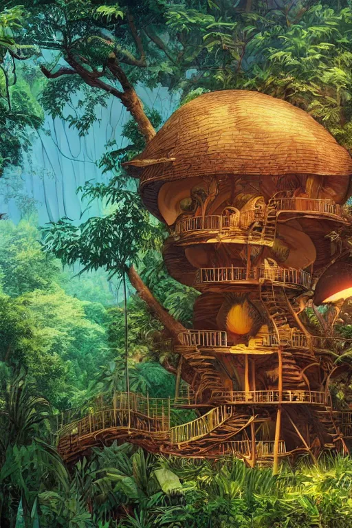 Image similar to a tree house in the jungle, big mushroom, sunshine, by alba ballesta gonzalez and moebius. 4 k wallpaper, digital 2 d, comic, illustration, extremely detailed, cinematic lighting, smooth sharp focus.