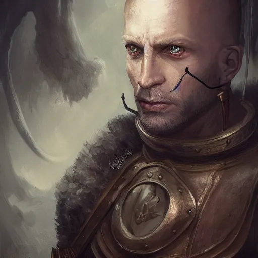 Image similar to a detailed matte head - on portrait painting of an middle - aged half - tiefling nobleman with golden eyes and short well kept hair, by charlie bowater, lise deharme, wlop, tending on arstation, dungeons and dragon, dnd, pathfinder, fanart, oil on canvas